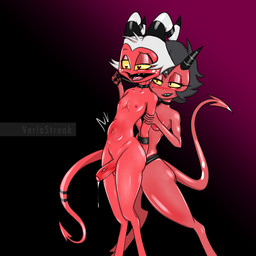 abdominal_bulge ahegao anal anal_penetration arm_grab arms_tied balls bdsm belly_blush biped blush bodily_fluids body_blush bondage bound choker collar cum cum_drip dark_hair digitigrade dildo dominant dominant_female dripping duo eyeshadow female female_penetrating female_penetrating_male foreskin freckles genital_fluids genitals glistening glistening_body hair hands_behind_back heart_eyes heart_symbol horn jewelry leash leash_pull leashed_collar looking_pleasured makeup male male/female male_penetrated markings mole_(marking) narrowed_eyes necklace nipples object_in_ass pegging penetration penis precum precum_drip raised_tail red_body seductive sex sex_toy sex_toy_in_ass sex_toy_insertion simple_background smile smirk spade_tail standing strapon submissive submissive_male tail tail_markings teeth teeth_showing tongue tongue_out toying_partner vein veiny_penis white_hair varlastreak hellaverse helluva_boss millie_(helluva_boss) moxxie_(helluva_boss) demon imp 1:1