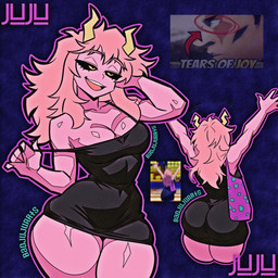 aged_up bag_over_shoulder big_butt black_clothing black_dress black_sclera breasts butt clothing dress female front_view glistening glistening_body hair half-closed_eyes hand_behind_head horn long_hair medium_breasts meme_background narrowed_eyes open_mouth pink_body pink_hair pupils raised_arm rear_view solo text thick_thighs tight_clothing undressing wide_hips yellow_horn yellow_pupils 2bad2juju jujutsu_kaisen my_hero_academia aoi_todo ashido_mina horned_humanoid humanoid quirked_human_(my_hero_academia) 1:1 2026 absurd_res english_text hi_res reference_image signature