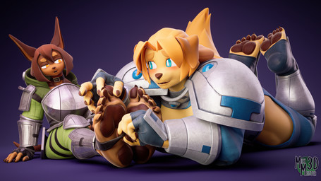 5_toes anthro armor blonde_hair blue_eyes blush breastplate brown_body brown_fur brown_hair claws clothing collar duo eyebrows feet female female/female foot_fetish foot_focus footwear fur gradient_background hair heel_pad humanoid_feet muscular muscular_anthro muscular_female nervous pauldron pawpads plantigrade plantigrade_pawpads purple_background raised_eyebrow simple_background sitting sitting_on_ground soles stirrup_footwear tan_body tan_fur toe_claws toe_pads toeless_footwear toes milkmeister3d valorlynz_(modeler) dog_knight_rpg jeane_(ceehaz) rory_(ceehaz) bird_dog canid canine canis dobermann domestic_dog golden_retriever hunting_dog mammal pinscher retriever 16:9 2026 3d_(artwork) 4k absurd_res digital_media_(artwork) hi_res widescreen