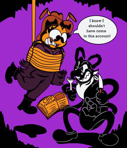 4_arms antennae_(anatomy) anthro bdsm bib bondage book boots bound clothing cookbook cutlery dangling dialogue duo evil_face evil_grin farmer farmgirl female footwear fork hanging_from_rope hat headgear headwear kick kitchen_utensils knife male multi_arm multi_limb overalls restraints rope rope_bondage scared shadow sharp_teeth shoes simple_background smile speech_bubble teeth text tools toony crazy_8_animations bella_tater arthropod beetle colorado_potato_beetle insect leaf_beetle english_text shaded simple_shading