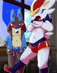 anthro blue_body blue_fur blush bodily_fluids bulge clothing duo footwear fur looking_at_bulge male male/male navel socks sweat underwear undressing white_body white_fur moesouna_gomi nintendo pokemon cinderace generation_4_pokemon generation_8_pokemon lucario pokemon_(species) hi_res unavailable_at_source