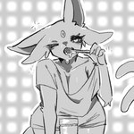 2_tails anthro big_breasts bodily_fluids breasts brush brushing brushing_teeth cleavage clothed clothing drooling eyelashes female female_anthro floppy_ears forehead_gem front_view gem grey_background kemono looking_at_viewer lop_ears multi_tail one_eye_closed open_mouth pattern_background pokemorph saliva simple_background solo tail thick_thighs toothbrush topwear wide_hips hurai_(artist) nintendo pokemon eeveelution espeon generation_2_pokemon pokemon_(species) 1:1 low_res monochrome