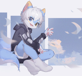 anthro black_bottomwear black_clothing black_jacket black_pants black_shorts black_topwear blue_ears blue_eyes bottomwear clothed clothing dipstick_ears ear_markings fangs fingerpads footwear fur gesture hair heterochromia jacket looking_at_viewer male multicolored_ears open_mouth open_smile pants pawpads pink_pawpads pink_tongue shorts simple_background sitting smile socks solo teeth tongue topwear unsigned waving waving_at_viewer white_body white_clothing white_footwear white_fur white_hair white_socks yellow_ears yellow_eyes young young_anthro emolga_1 species_request full-length_portrait hi_res portrait
