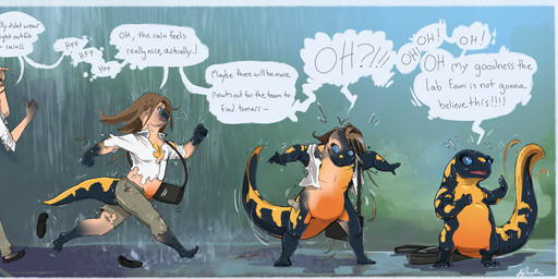 anthro black_body black_skin blue_eyes brown_hair clothed clothing featureless_crotch female growth hair human_to_anthro inside looking_at_hand nude raining running satchel shortstack sidewalk solo species_transformation speech_bubble tail tail_growth tail_growth_in_pants text torn_clothing transformation transformation_sequence verbal_reaction_to_tf wide_crotch yellow_body yellow_skin luminousshift amphibian human mammal newt salamander absurd_res english_text hi_res sequence
