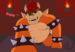 anthro bed bodily_fluids briefs briefs_only bulge clothed clothing furniture genital_fluids horn leaking_precum male nipples precum red_light simple_background smile solo teeth_showing text topless underwear underwear_only yose_stones bowser_day mario_bros nintendo bowser koopa reptile scalie turtle hi_res