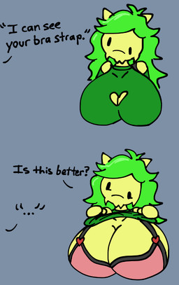 anthro asymmetrical_eyes big_breasts bra bra_strap breasts cleavage_cutout clothed clothing clothing_lift cutout dialogue duo ellipsis female green_body green_hair hair heart_symbol huge_breasts offscreen_character shirt shirt_lift sweater topwear underwear spicyredacted bra_strap_showing_(meme) arthropod insect louse meme