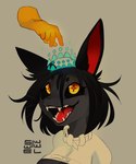 anthro black_body black_fur black_hair clothed clothing disembodied_hand duo fangs female female_anthro fur gloved_hands hair open_mouth open_smile red_tongue smile solo_focus teeth tongue yellow_eyes swiwwel mir_(swiwwel) canid canine mammal 2024 absurd_res digital_drawing_(artwork) digital_media_(artwork) hi_res