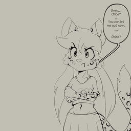 anthro blush blush_lines bottomwear cheek_bulge claws clothed clothed_anthro clothed_female clothing crop_top crossed_arms dialogue duo exposed_belly eyebrows female finger_claws fully_clothed fully_clothed_anthro fully_clothed_female furrowed_eyebrows holding_in_mouth in_mouth larger_female mouth_hold navel offscreen_female pigtails pouting pouty predator/prey_coexistence raised_eyebrow shirt size_difference skirt smaller_female speech_bubble stuffed_mouth text topwear twintails_(hairstyle) muhny chloe_(muhny) edie_(muhny) domestic_cat felid feline felis mammal mouse murid murine rodent 1:1 english_text monochrome sketch