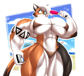 abs anthro big_breasts big_muscles bikini black_body black_fur breasts cellphone clothing electronics eyebrows female food fur green_eyes holding_cellphone holding_food holding_object holding_phone holding_popsicle holding_smartphone huge_muscles muscular muscular_anthro muscular_female muscular_thighs orange_body orange_fur phone popsicle smartphone solo swimwear text two-piece_swimsuit wardrobe_malfunction white_body white_fur mrmelted sarah_(mrmelted) domestic_cat felid feline felis mammal 2025 dated english_text hi_res