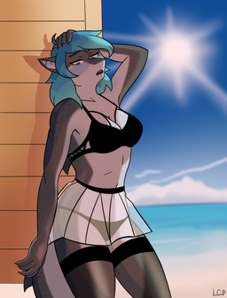 anthro beach bikini bikini_bottom black_bikini black_clothing black_swimwear blue_hair breasts clothed clothing ear_piercing female hair hand_in_hair leaning leaning_backward legwear looking_down non-mammal_breasts outside piercing pose sea seaside simple_background skimpy solo standing stockings sun swimwear tail tail_under_skirt touching_hair two-piece_swimsuit water loudcolorpeach erika_(ambris) aquatic fish shark 2019 digital_media_(artwork) pinup