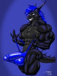 anthro balls big_balls big_penis black_body black_scales blue_background blue_clothing blue_hair blue_thong blue_underwear bulge clothed clothing detailed_bulge erection erection_under_clothing genital_outline genitals grin hair humanoid_genitalia humanoid_penis looking_at_viewer male muscular muscular_male penis penis_base penis_outline scales simple_background smile solo tail thong underwear wolfdan86 mythology dragon mythological_creature mythological_scalie scalie 2021 3:4 hi_res