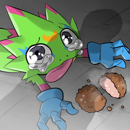 ambiguous_gender anthro blep bodily_fluids crying detailed_background food green_body looking_at_viewer looking_up looking_up_at_viewer lying mincemeat on_front on_ground shadow solo spilled_food tears tongue tongue_out monodie apu_spills_his_nuggies bandai_namco digimon digimon_beatbreak digimon_(species) gekkomon scalie 1:1 hi_res meme