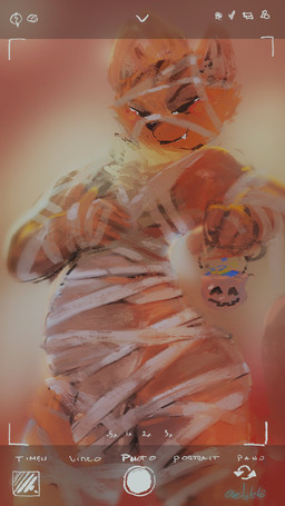 anthro balls bandage camera camera_view candy_bucket casual_exposure cheek_tuft closed_smile facial_tuft fangs flaccid front_view fur genitals hand_on_chest holding_object holidays humanoid_genitalia humanoid_penis looking_at_viewer male male_anthro mouth_closed mummy_costume mummy_wrappings narrowed_eyes orange_body orange_fur penis penis_wrap recording simple_background smile solo standing teeth tuft wrapped_penis wraps oselotti halloween oselotti_(character) domestic_cat felid feline felis mammal absurd_res digital_media_(artwork) digital_painting_(artwork) hi_res painting_(artwork)