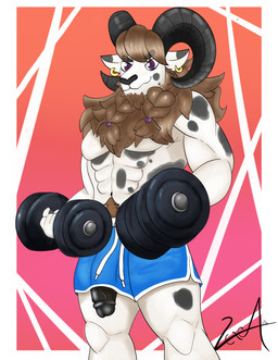 anthro athletic_wear black_horn black_nose black_penis blue_bottomwear blue_clothing blue_shorts bottomwear brown_hair clothed clothing dumbbell dumbells ear_piercing ear_ring exercise exercise_clothes exercise_clothing exercise_equipment fingers fur genitals glistening glistening_eyes hair horn looking_at_viewer male markings mostly_nude muscular muscular_anthro muscular_male penis piercing purple_eyes ring_piercing shorts simple_background solo spots spotted_body spotted_fur spotted_markings weights white_body white_fur workout vexter_arts bovid caprine goat mammal absurd_res digital_media_(artwork) hi_res