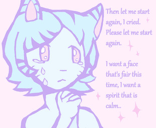 ambiguous_gender anthro blue_body blue_hair bodily_fluids crying hair kemono lyrics markings pink_eyes pointy_ears praying_hands prick_ears raccoon_tail_hair short_hair solo sparkles tears whisker_markings puppyket66 domestic_cat felid feline felis mammal pastel_theme