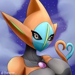 1:1 2022 alien attack_forme_deoxys baterco big_breasts black_sclera blue_body blush breasts bust_portrait chest_gem deoxys female gem generation_3_pokemon gesture grey_eyes hi_res huge_breasts humanoid legendary_pokemon looking_at_viewer mouthless multicolored_body nintendo not_furry orange_body pokemon pokemon_(species) portrait signature simple_background sky solo star starry_sky tail tail_gesture tail_heart two_tone_body