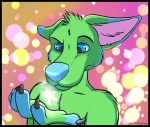 abstract_background anthro black_border blue_eyes border electricity fingerless_(marking) fur green_body green_fur male nude solo sparklepaws canid canine canis mammal wolf bust_portrait colorful_theme digital_media_(artwork) portrait