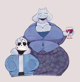 alcohol anthro beverage big_breasts bodily_fluids bone bottomwear breasts cleavage clothed clothing curvy_figure duo eyewear female floppy_ears fur glasses head_grab hoodie horn huge_breasts jewelry long_ears male mature_anthro mature_female necklace skeleton skirt slightly_chubby sweat teeth thick_thighs topwear voluptuous white_body white_fur wide_hips wine peculiart undertale_(series) sans_(undertale) toriel animated_skeleton bovid caprine mammal undead 2025 hi_res