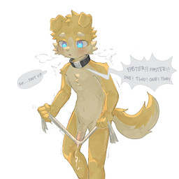 5_fingers anthro arm_tuft black_collar blue_eyes blush bodily_fluids body_blush breath chest_tuft collar cum cumshot dialogue ejaculation erection exercise facial_tuft fingers floppy_ears fluffy fluffy_tail fur genital_fluids genitals glistening holding_object kemono male male_anthro masturbation motion_lines multicolored_body multicolored_fur nude_anthro nude_male open_mouth orgasm penile penile_masturbation penis penis_blush shoulder_tuft simple_background solo speech_bubble standing sweat sweatdrop tail tan_body tan_fur tan_penis towel tuft two_tone_body two_tone_fur white_background white_towel yellow_body yellow_fur young young_anthro young_male regcron crowl_(regcron) canid canine canis domestic_dog mammal 1:1 2025 hi_res portrait three-quarter_portrait