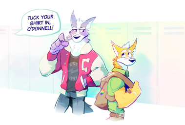 accessory anthro backpack blush clothing duo fur grey_body grey_fur jacket letterman_jacket lgbt_pride locker male male/male orange_body orange_fur pin_accessory pin_button pride_colors rainbow_pride_colors rainbow_symbol school six-stripe_rainbow_pride_colors topwear splaffinator nintendo star_fox fox_mccloud wolf_o'donnell canid canine canis fox mammal wolf hi_res
