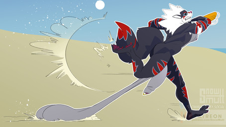 anthro balls balls_on_ground beach big_balls flaccid genitals huge_balls hyper hyper_balls hyper_genitalia lifeguard male muscular nude pawpads penis plantigrade plantigrade_pawpads public running saggy_balls solo snowmutt nintendo pokemon arca arcanine generation_1_pokemon pokemon_(species) absurd_res hi_res
