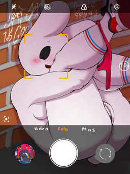 anthro beady_eyes black_eyes blush blush_stickers breasts brick_wall camera_view clothed clothing clothing_around_one_leg cotton_tail female footwear fur genitals looking_at_viewer nude open_mouth panties panties_around_one_leg panties_down partially_clothed pink_clothing pink_panties pink_underwear red_clothing red_footwear red_shoes shoes socks solo text thick_thighs underwear underwear_around_one_leg underwear_down vulva wall_(structure) white_body white_clothing white_footwear white_fur white_socks wide_hips sanygtr brawl_stars supercell_(company) moe_(brawl_stars) lagomorph leporid mammal murid murine rabbit rat rodent 3:4 hi_res
