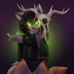 anthro bone brooch cloak clothing corset female gesture glowing glowing_eyes green_eyes hand_gesture hood lingerie occult_symbol pentagram pointing pointing_at_viewer skull skull_head smile smiling_at_viewer solo symbol topwear dodgerpng canid canine canis mammal red_wolf wolf 1:1 absurd_res hi_res