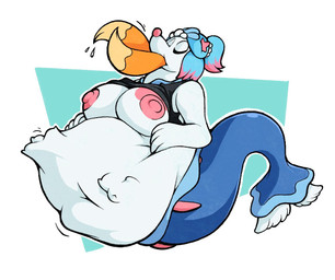 anthro anthro_pred areola belly big_belly big_breasts bloated blue_hair breasts clothing clothing_pull duo exposed_breasts eyes_closed female female_pred hair larger_pred nipple_slip nipples open_mouth oral_vore overweight overweight_anthro overweight_female pink_areola pink_nipples ponytail simple_background size_difference split_form swallowing tail topwear vore white_body boot_(artist) nintendo pokemon buizel generation_4_pokemon generation_7_pokemon mammal marine merfolk merfolk_taur pinniped pokemon_(species) primarina 2020 digital_media_(artwork)