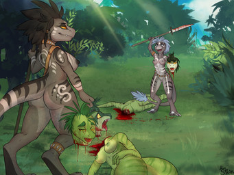 anthro areola blood blood_from_mouth blood_in_mouth blood_on_weapon blood_puddle bodily_fluids breasts butt casual_nudity corpse death decapitation digitigrade feet female female_death fingers forest genitals gore gore_focus group hair holding_head holding_melee_weapon holding_object holding_polearm holding_weapon lying markings melee_weapon navel nipples nude on_front on_side open_mouth outdoor_nudity outside plant polearm severed_body_part severed_head smile snuff standing tail teeth toes tongue tongue_out tree tribal tribal_markings vulva weapon mrs._stein dinosaur dromaeosaurid lizard prehistoric_species reptile saurischian scalie theropod velociraptor 4:3 digital_media_(artwork)