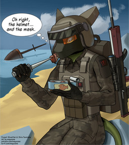 ambiguous_gender anthro armor backpack beach body_armor bottomwear camo camo_clothing camo_print can claws clothed clothing container day detailed_background food furgonomic_headwear furgonomics gloves gun handwear headgear helmet holding_can holding_container holding_knife holding_object knife mask meat outside pants pattern_clothing ranged_weapon rifle rock shirt sitting solo sunken_ship text thought_bubble topwear weapon mayuzane project_silverfish inheritor lizard reptile scalie 2026 english_text hi_res url
