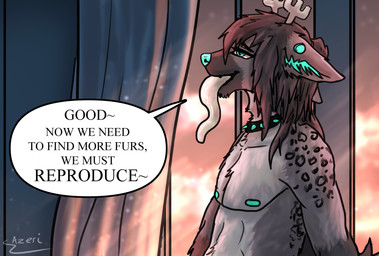 anthro antlers bedroom blue_inner_ear blue_nose collar dusk hair horn long_hair male mind_control open_mouth oral oral_penetration penetration solo speech_bubble tentacle_in_mouth tentacle_penetration tentacles text azeri_unleashed ronin_viltarre_(nanaki_azakee) canid canine deer equid equine horse hybrid mammal absurd_res hi_res