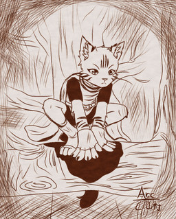 anthro bottomwear claws clothed clothing female finger_claws fur fur_markings markings outside plant pupils scarf shirt shorts slit_pupils solo squatting_pose topwear tree whiskers arc_rose agata_(arc_rose) domestic_cat felid feline felis mammal digital_drawing_(artwork) digital_media_(artwork) hi_res line_art monochrome