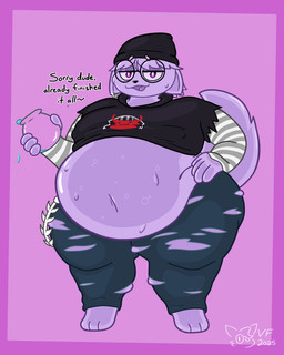 anthro arm_warmers armwear barefoot beanie belly big_belly black_clothing black_nose bottomwear clothed clothing costume denim denim_bottomwear denim_clothing dialogue ear_piercing ear_ring ears_back eyewear feet fishbone glasses glint half-closed_eyes halloween_costume hat headgear headwear holidays jeans male narrowed_eyes nipple_outline obese open_mouth overweight pants piercing pivoted_ears potion_bottle purple_body purple_eyes ring_piercing round_glasses simple_background solo sweater tail text thick_thighs three-quarter_view topwear torn_bottomwear torn_clothing torn_jeans torn_pants fenillavee epic_games fortnite halloween canid canine goo_creature mammal 4:5 absurd_res digital_drawing_(artwork) digital_media_(artwork) english_text hi_res shaded signature simple_shading
