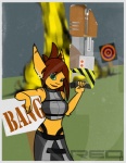 anthro clothing dress explosion female green_eyes gun ranged_weapon solo stripes weapon eightysix ratchet_and_clank sony_corporation sony_interactive_entertainment red_(eightysix) lombax mammal