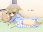 all_fours bed big_breasts blue_eyes breasts brown_hair butt clothed clothing eye_through_hair feet female furniture hair hindpaw huge_breasts kneeling legwear panties pattern_clothing pattern_legwear paws plushie raglan_shirt solo striped_clothing striped_legwear stripes teddy_bear text thigh_highs translucent translucent_hair underwear shuz_(pixiv) animal_humanoid cat_humanoid felid felid_humanoid feline feline_humanoid humanoid mammal mammal_humanoid 4:3 japanese_text translated wallpaper