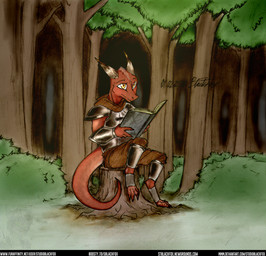 amber_eyes anthro armor book forest forest_background horn lore male orange_eyes plant pupils red_body red_scales scales slit_pupils solo tail text tree studioblackfox dungeons_and_dragons hasbro wizards_of_the_coast isk_(studioblackfox) kobold scalie digital_drawing_(artwork) digital_media_(artwork) hi_res painting_(artwork) sketch traditional_media_(artwork) traditional_painting_(artwork) url