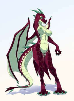 anthro belly big_breasts blue_eyes breasts claws facial_piercing female green_belly markings multicolored_body navel nipples non-mammal_breasts non-mammal_navel non-mammal_nipples nose_piercing piercing red_body scales sharp_teeth solo spikes spots spotted_body standing tail teeth thick_thighs ventral_scales wings goatesque mythology dragon mythological_creature mythological_scalie scalie 2024 hi_res