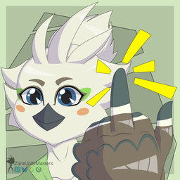 anthro beak blue_eyes blush blush_stickers brown_body brown_feathers clothing feather_hair feathers gesture green_background green_clothing green_scarf green_topwear hair hand_gesture looking_at_viewer male middle_finger ponytail pseudo_hair scarf simple_background smile solo topwear tuft white_body white_feathers white_sclera zaraunitymasters nintendo the_legend_of_zelda tulin_(tloz) avian rito 1:1 cel_shading headshot_portrait hi_res portrait shaded watermark
