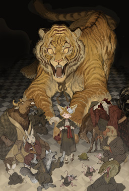 ambiguous_gender brown_body brown_fur checkered checkered_floor clothed clothing fangs fur green_body green_scales group high-angle_view open_mouth running scales teeth white_body white_fur demizuposuka animal_humanoid avian bird bovid canid canid_humanoid canine canine_humanoid canis chicken equid equine felid fox_humanoid galliform haplorhine horse humanoid lagomorph leporid mammal mammal_humanoid monkey murid murine pantherine phasianid primate rabbit rat reptile rodent scalie snake tiger turtle wolf hi_res watermark