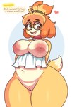 2024 absurd_res animal_crossing anthro areola biped blonde_hair breasts canid canine canis derp_eyes derpybelle dialogue domestic_dog english_text eyewear female fur genitals glasses hair hi_res innie_pussy isabelle_(animal_crossing) jhenightfox mammal nintendo nipples pussy shih_tzu solo speech_bubble text thick_thighs towel toy_dog yellow_body