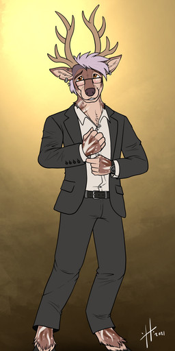 anthro antlers barefoot belt black_belt bottomwear brown_antlers brown_body brown_eyes brown_fur clock clothed clothing ear_piercing ear_ring ear_stud eyewear feet front_view fur glasses glistening glistening_eyes grey_bottomwear grey_clothing grey_hair grey_jacket grey_pants grey_topwear hair hooves horn jacket male male_anthro pants piercing rectangular_glasses ring_piercing shirt simple_background smile solo standing tan_body tan_fur topwear watch white_clothing white_shirt white_topwear wristwatch hufnaar deer mammal 2021 absurd_res dated full-length_portrait hi_res portrait