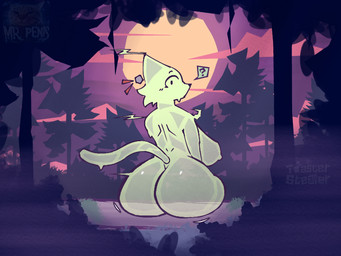 anthro big_breasts big_butt blush blush_lines breasts butt female green_body looking_at_viewer looking_back nipples rear_view solo thick_thighs wide_hips toasterstealer ally_(toasterstealer) felid feline ghost mammal spirit 4:3 hi_res tagme