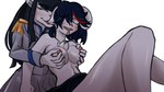 anthro black_hair blush blush_lines bodily_fluids breasts chest_tuft clothed clothing drooling duo eyes_closed female female/female grey_body hair navel nipple_fetish nipple_pinch nipple_play open_mouth pinch reach_around saliva topless tuft softspecies kill_la_kill studio_trigger ryuko_matoi satsuki_kiryuin canid canine canis domestic_dog felid feline mammal hi_res