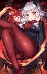 5_fingers blush breasts butt clothing female fingers grey_hair hair heart_eyes heart_symbol horn looking_at_viewer not_furry open_mouth red_eyes solo spade_tail sweater tail topwear turtleneck squchan helltaker modeus_(helltaker) demon demon_humanoid humanoid 2020 hi_res