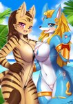 anthro bikini blush breasts clothing duo ear_piercing egyptian female fur hair kemono looking_at_viewer piercing swimwear tail two-piece_swimsuit wolflong thanatos_laige canid canine canis felid feline mammal wolf hi_res