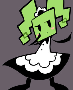 :> bedroom_eyes black_arms black_clothing black_legs blush blush_stickers button_(fastener) clothed clothed_female clothed_humanoid clothing female female_humanoid green_hair grey_background hair looking_aside maid_headdress maid_uniform narrowed_eyes not_furry pigtails pink_blush seductive simple_background smile solo uniform petronoise mario_bros nintendo paper_mario mimi_(paper_mario) humanoid 2018 digital_media_(artwork)