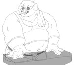 anthro belly big_belly clothing eyewear humanoid_hands male navel overweight overweight_male shirt smoking solo sunglasses topwear towel anommyself porco_rosso porco_rosso_(character) domestic_pig mammal suid suine sus_(pig) 2022 hi_res monochrome