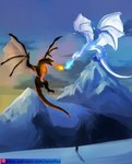ambiguous_gender black_body blue_eyes breath_powers claws elemental_manipulation feral fire fire_breathing fire_manipulation flying group mountain open_mouth orange_eyes sky spread_wings tail trio white_body wings snoiifoxxo european_mythology mythology dragon humanoid mythological_creature mythological_scalie scalie western_dragon wyvern absurd_res hi_res