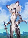 anthro bell bell_collar bikini bikini_bottom bikini_top blue_eyes breasts clothing cloud collar day female female_anthro fur grey_body grey_fur grey_hair hair holding_melee_weapon holding_object holding_sword holding_weapon kemono melee_weapon outside smile solo swimwear sword two-piece_swimsuit weapon tetetor-oort karin_(tetetor-oort) domestic_cat felid feline felis mammal 2020 hi_res