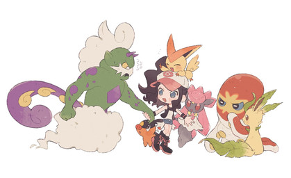ambiguous_gender anthro black_eyes blue_eyes blue_sclera blush blush_lines bodily_fluids bottomwear brown_eyes brown_hair chibi clothing eyes_closed facial_hair female feral footwear fur gesture green_body group hair hand_gesture hand_holding hat headgear headwear horn male multicolored_body mustache open_mouth orange_body red_eyes shoes shorts simple_background sitting size_difference sweat sweatdrop tail v_sign white_eyes wings yellow_body yellow_fur yellow_sclera himetya105 nintendo pokemon hilda_(pokemon) aquatic cephalopod coleoid diancie eeveelution elemental_creature generation_4_pokemon generation_5_pokemon generation_6_pokemon generation_8_pokemon grapploct human humanoid leafeon legendary_pokemon mammal mineral_fauna mollusk octopodiform octopus pokemon_(species) shiny_pokemon suine tepig tornadus tornadus_(incarnate_form) victini 2025 hi_res